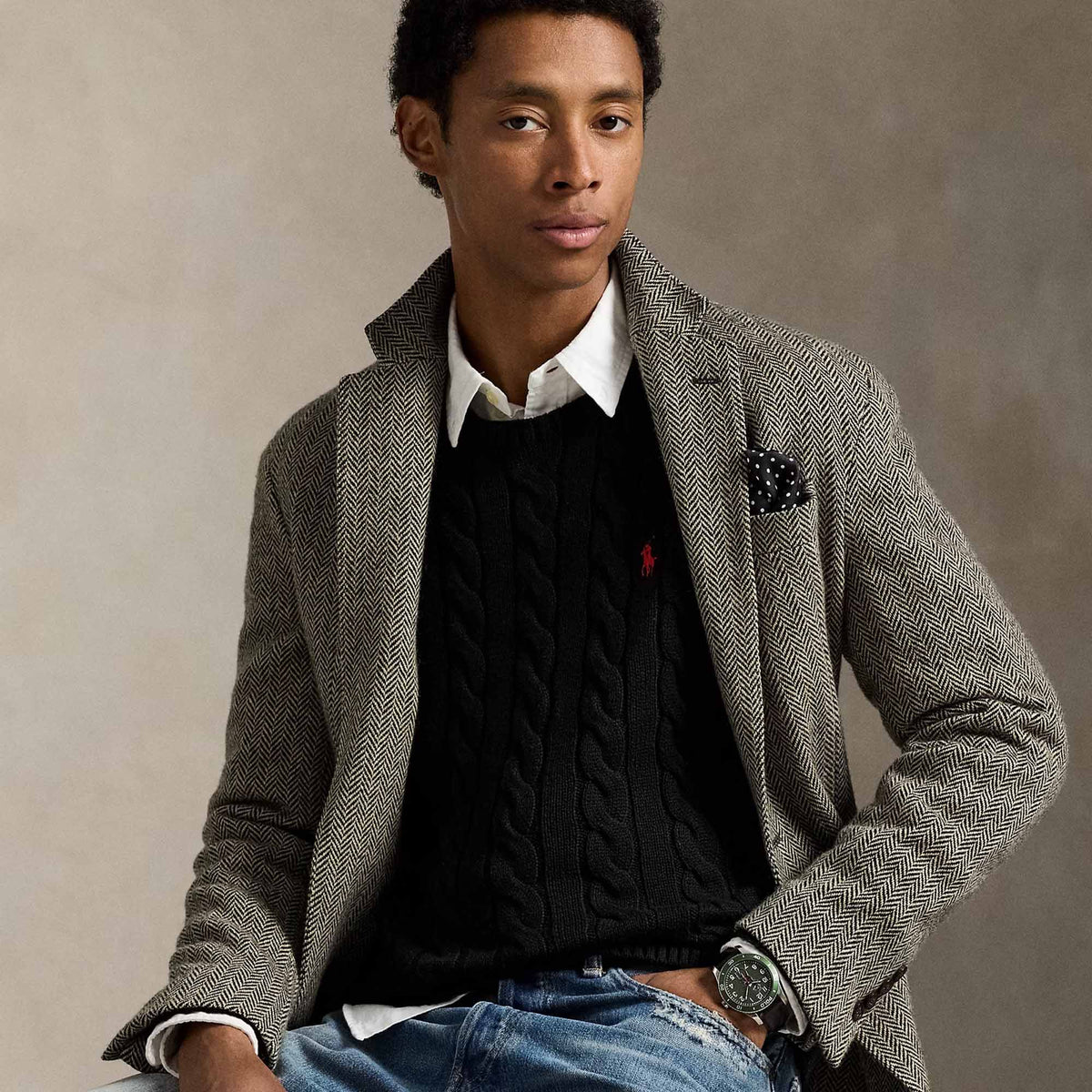 Ralph Lauren Crewneck Men's Cable-Knit Cotton Jumper Sweater Black