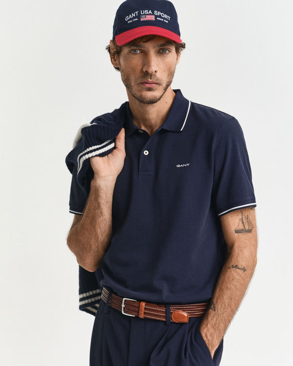 GANT Tipped Piqué Navy Slim Fit Polo Shirt
