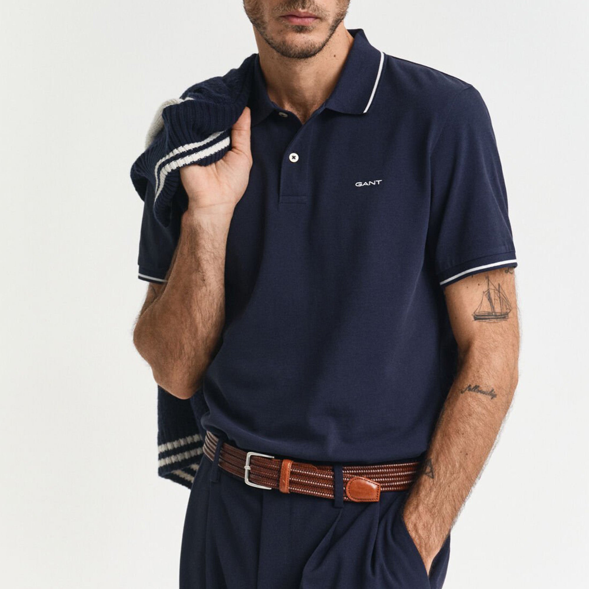 GANT Tipped Piqué Navy Slim Fit Polo Shirt